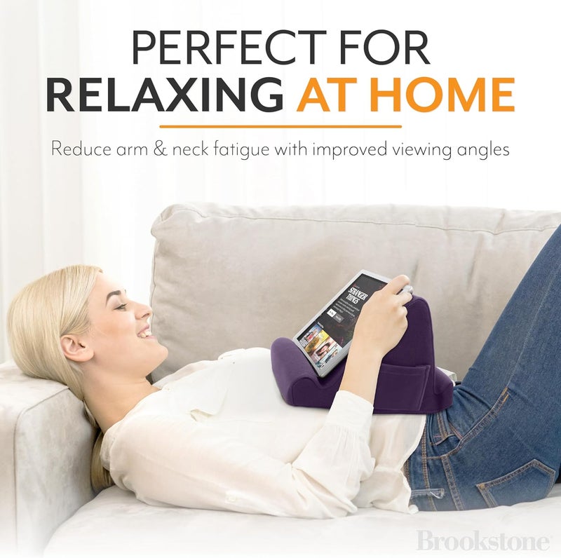 Brookstone , Memory Foam Lap Desk Tablet Holder, Holds Phones, iPads, E-Book Readers, 2 Viewing Angles, 2 Side Pockets for Accessories, Book Holder Cushion, Perfect Home, Car Travel Flights, Purple - Image 2